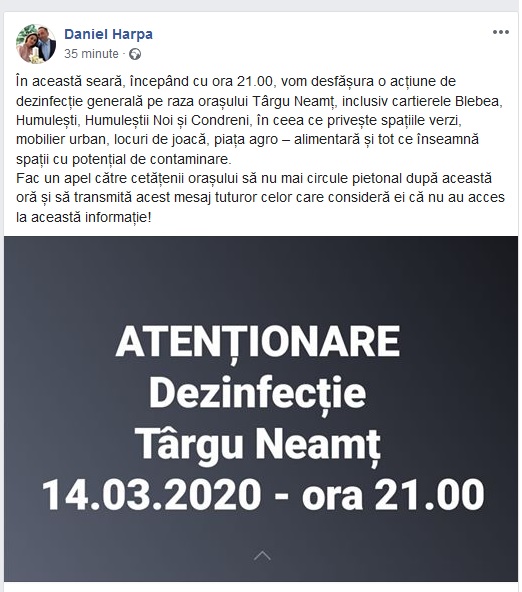 ATENȚIE Dezinfecție Târgu Neamț 14.03.2020 - ora 21.00